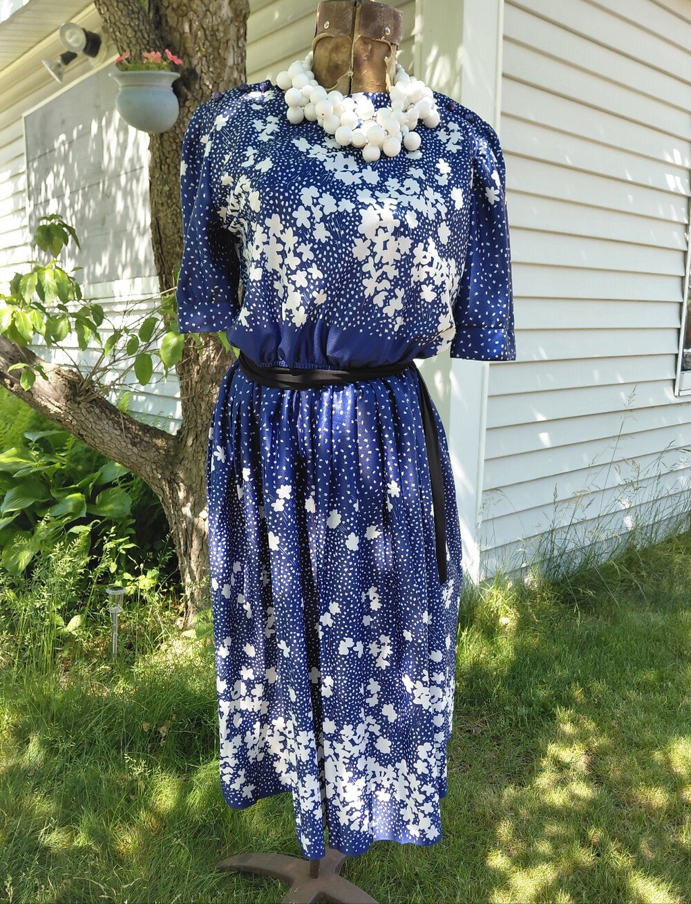 Vintage 70s navy blue purple & white puff sleeve midi twirl dress Womens 10
